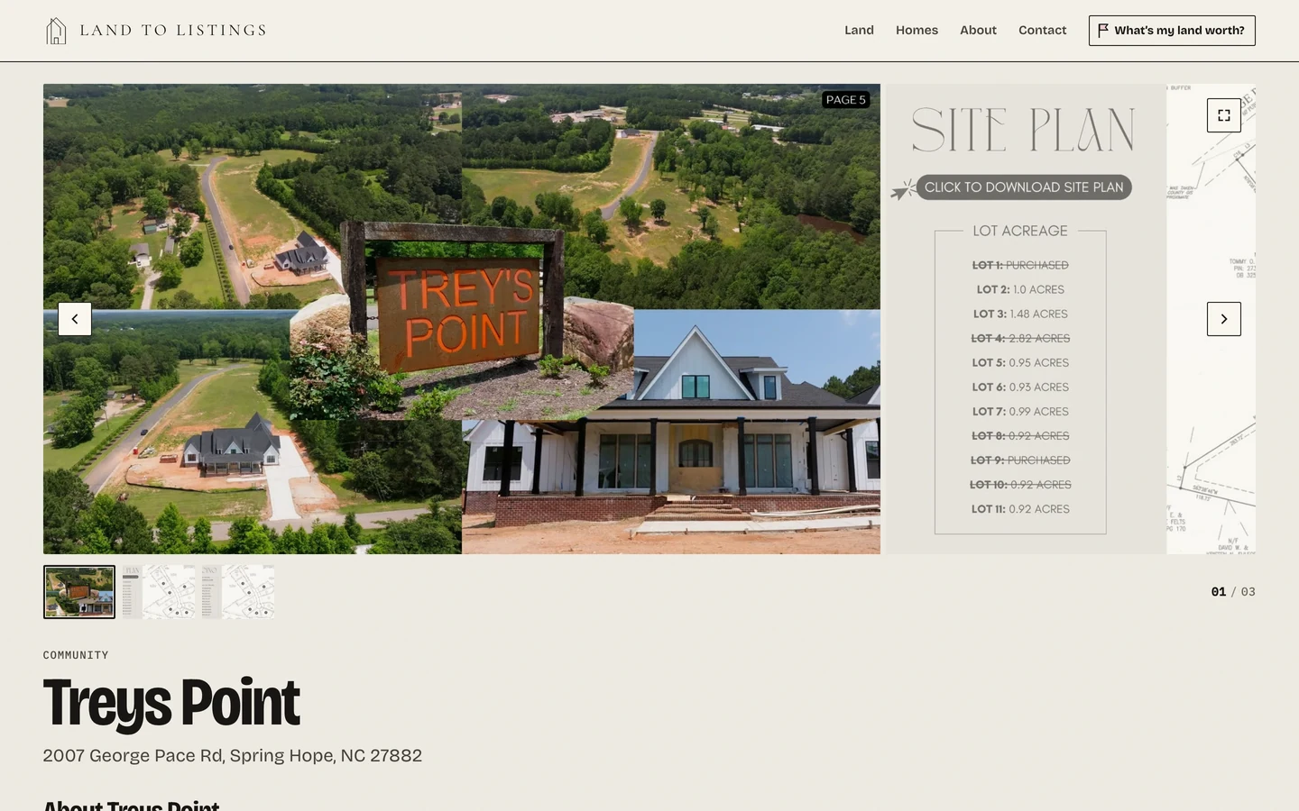 A community page: an aerial photo of the development with its entrance sign, a site plan listing each lot and its acreage, and the community’s name and address.