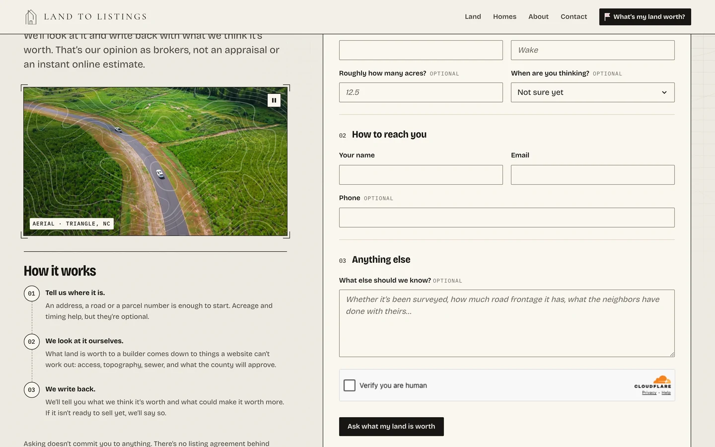 The “Tell us about your land” page: an aerial video of a road through green fields beside a numbered form.