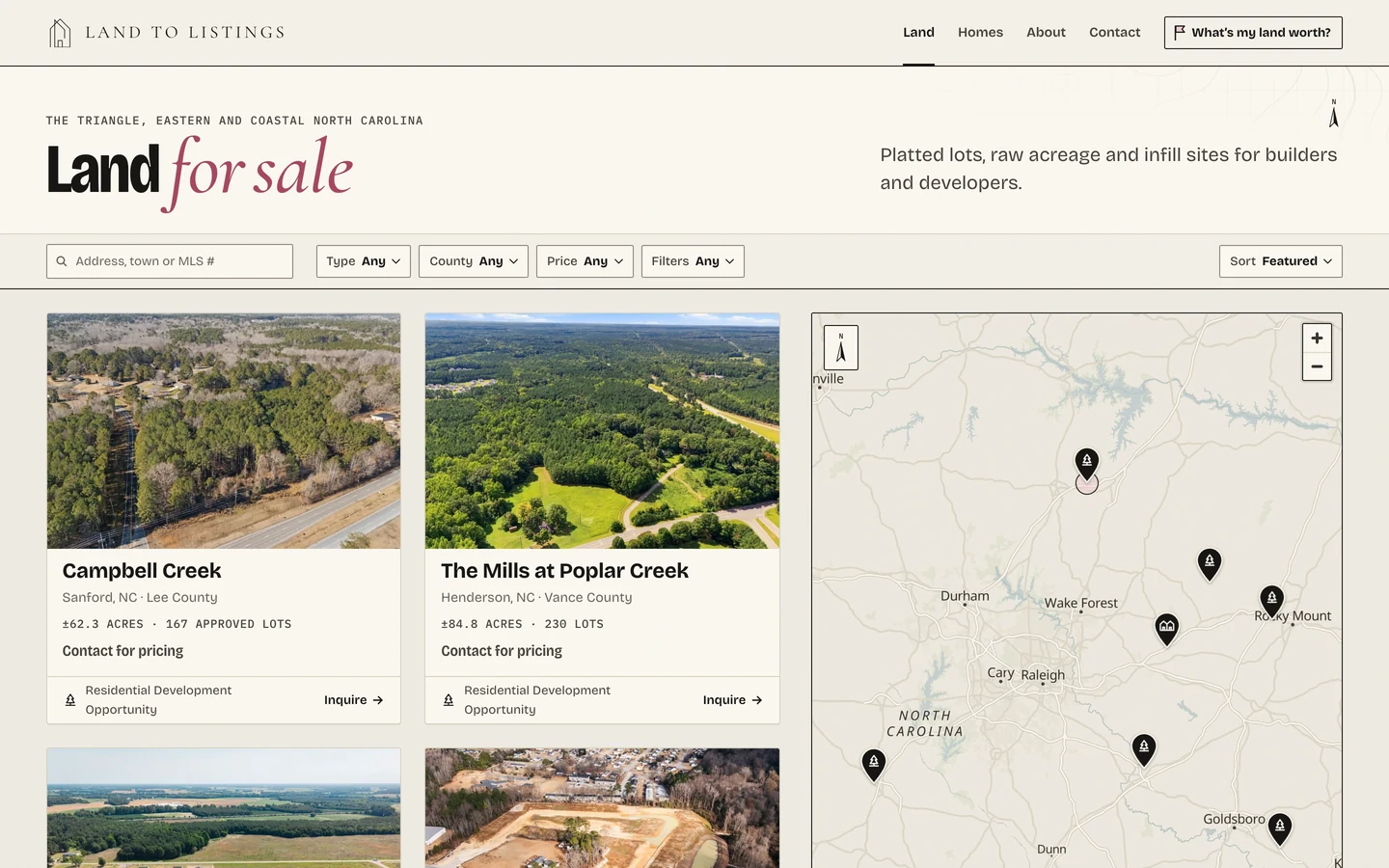The Land for sale page: a search box, filters, listing cards with aerial photos, and a map of eastern North Carolina with tree-shaped pins and soft circles.