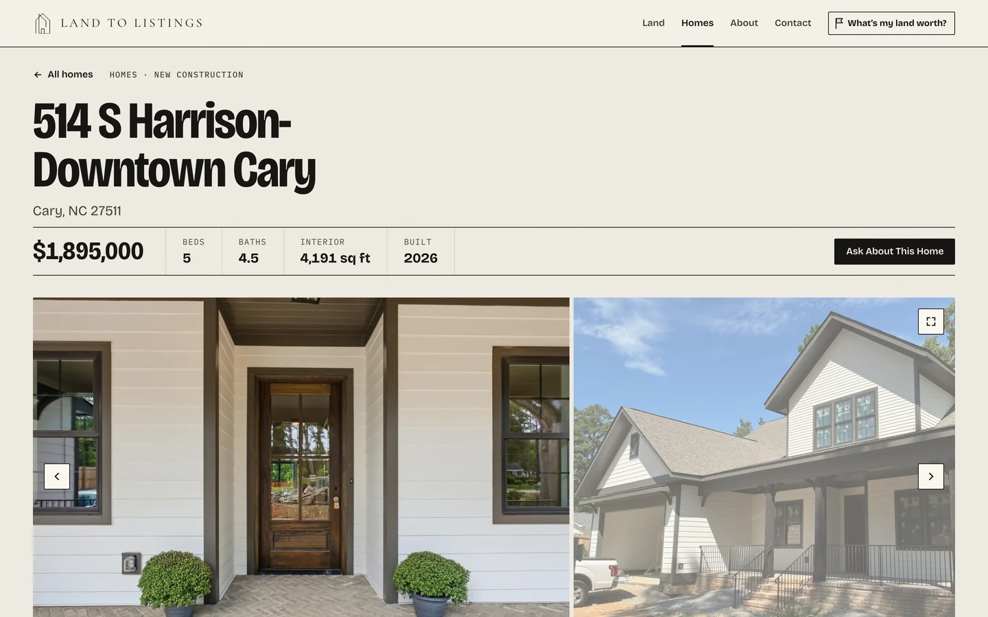 A new home in Cary: the price with beds, baths, interior square feet and year built, an “Ask about this home” button, and a strip of large photos.