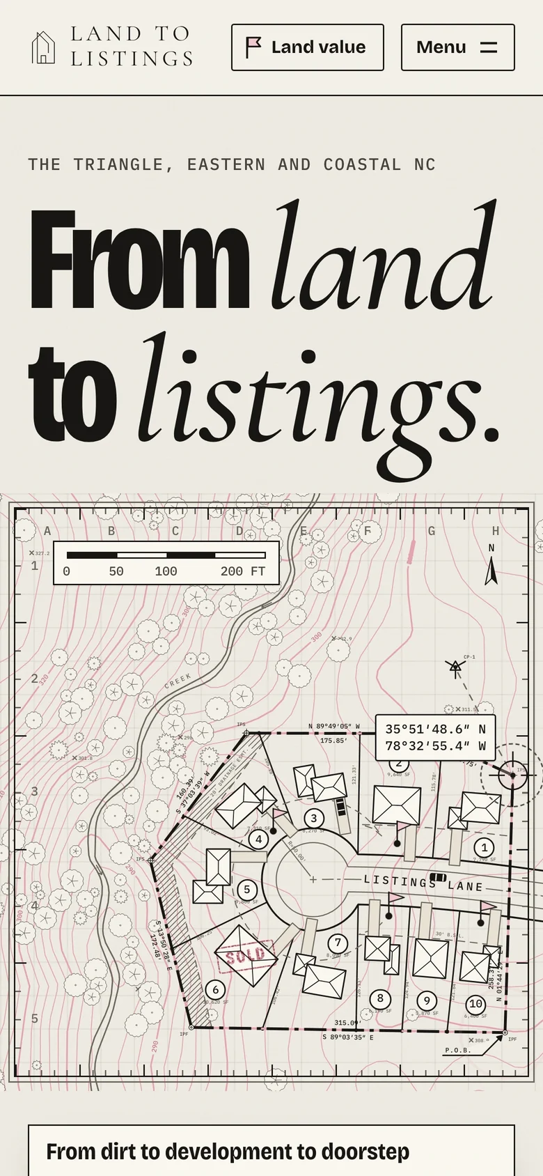 The Land to Listings home page on a phone: the headline over the plat drawing.